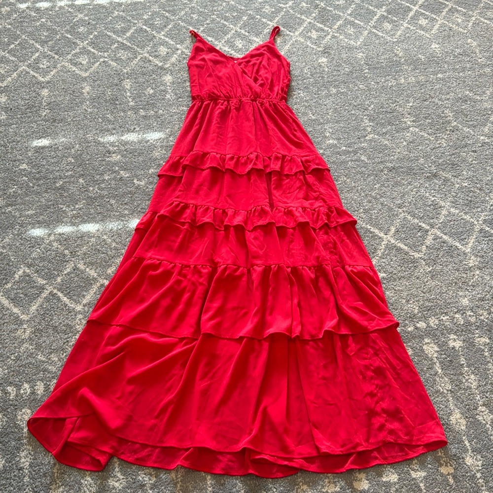 Flying Tomato Red Chiffon Tiered Ruffle Maxi Dress